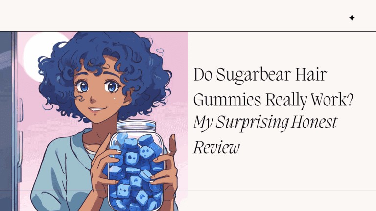Illustrated woman with curly blue hair holding a jar of SugarBear Hair gummies, smiling