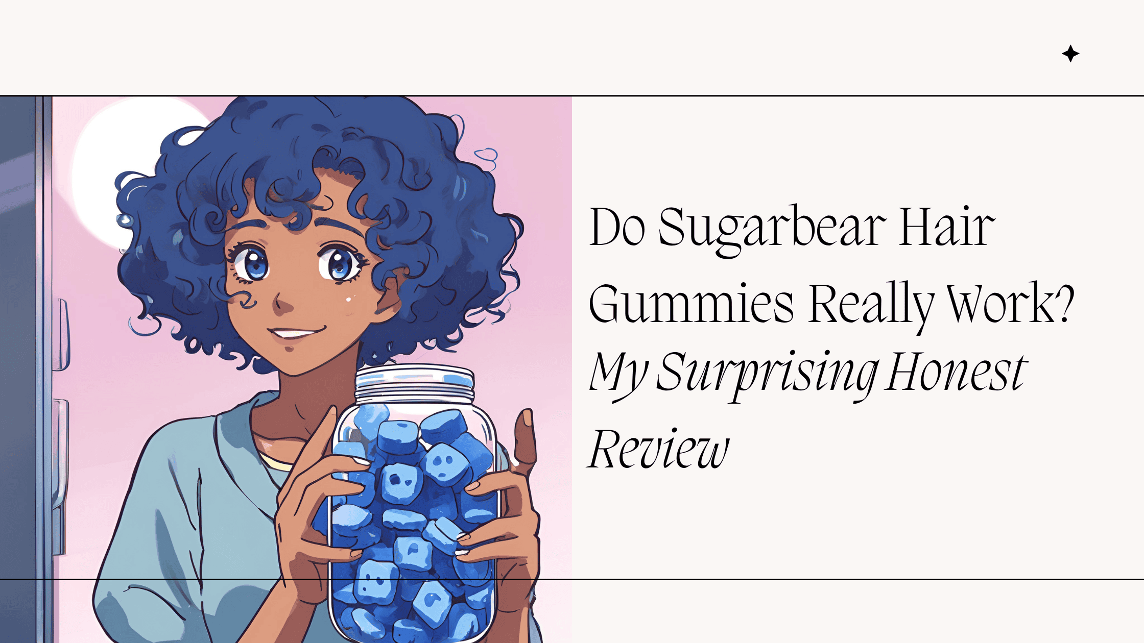 Illustrated woman with curly blue hair holding a jar of SugarBear Hair gummies, smiling