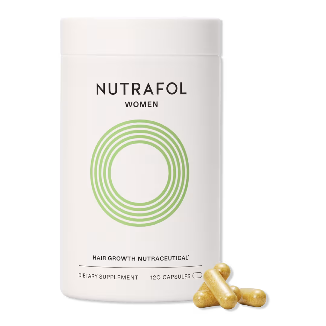 Nutrafol Women’s Hair Growth Supplement bottle with white label and green leaf logo, designed to promote thicker, stronger hair growth by targeting stress, hormones, and nutrition.