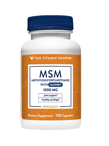 Bottle of The Vitamin Shoppe MSM 1000mg supplement with OptiMSM, 120 capsules for joint and cartilage support.
