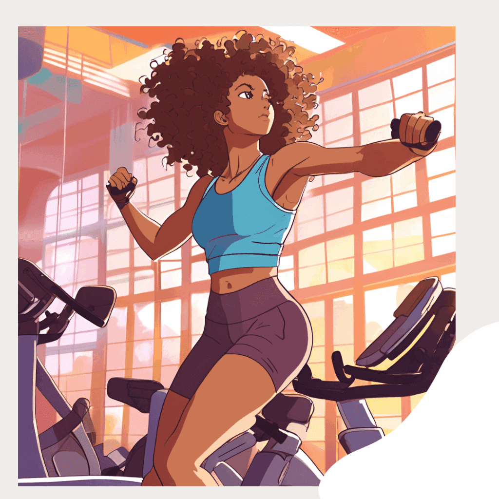 Illustration of a woman lifting weights in a gym setting representing fitness and self-improvement goals