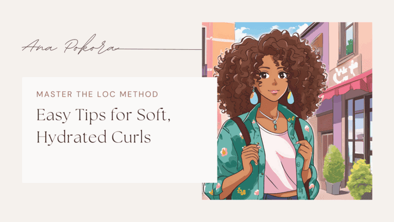 Illustration of a woman with curly hair smiling outdoors with text that reads “Easy Tips for Soft, Hydrated Curls – Master the LOC Method