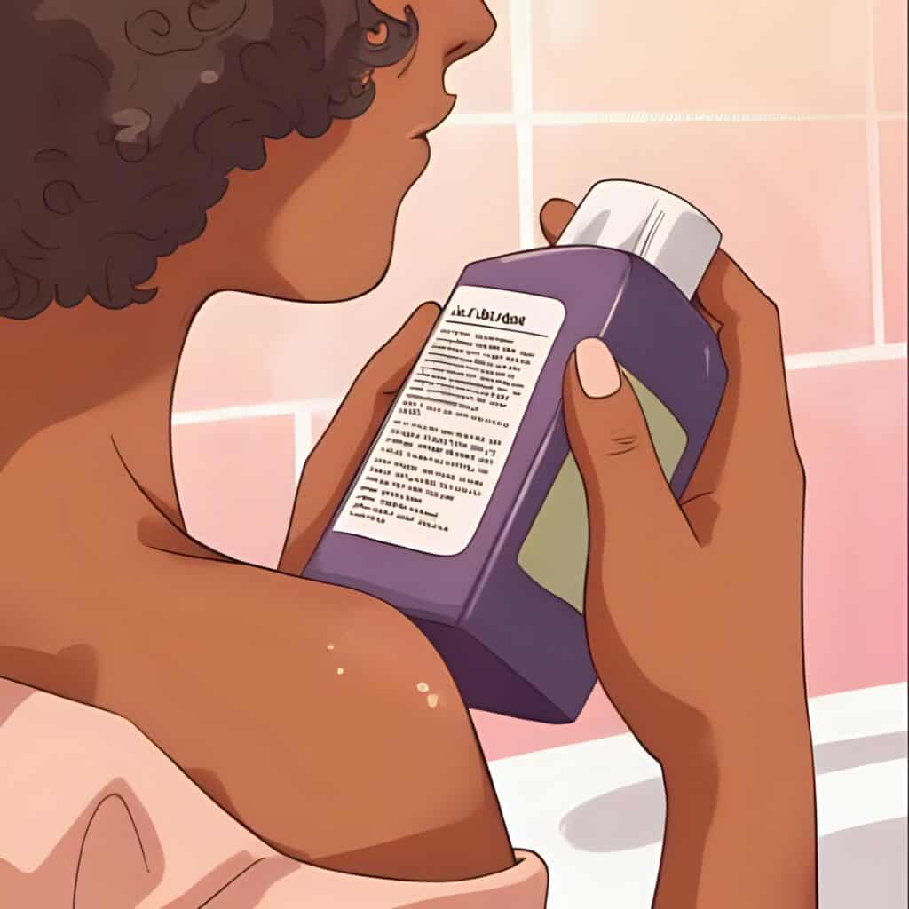 Close-up of a curly-haired woman holding a hair product bottle, reading the ingredients and instructions in a bright bathroom setting.