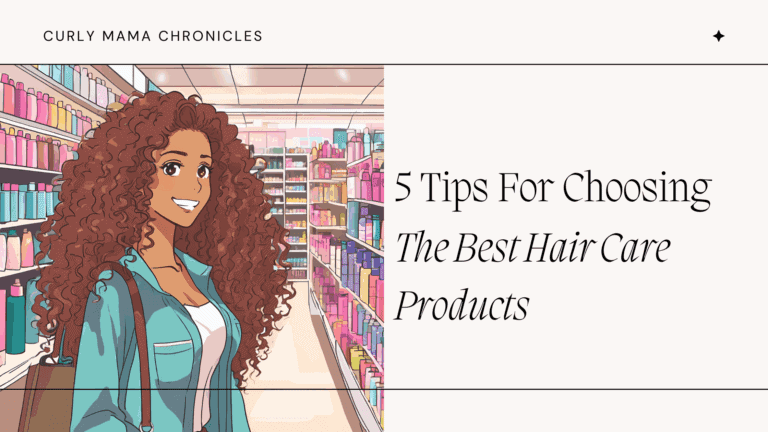 Illustration of a smiling woman with curly hair shopping for hair care products in a store aisle