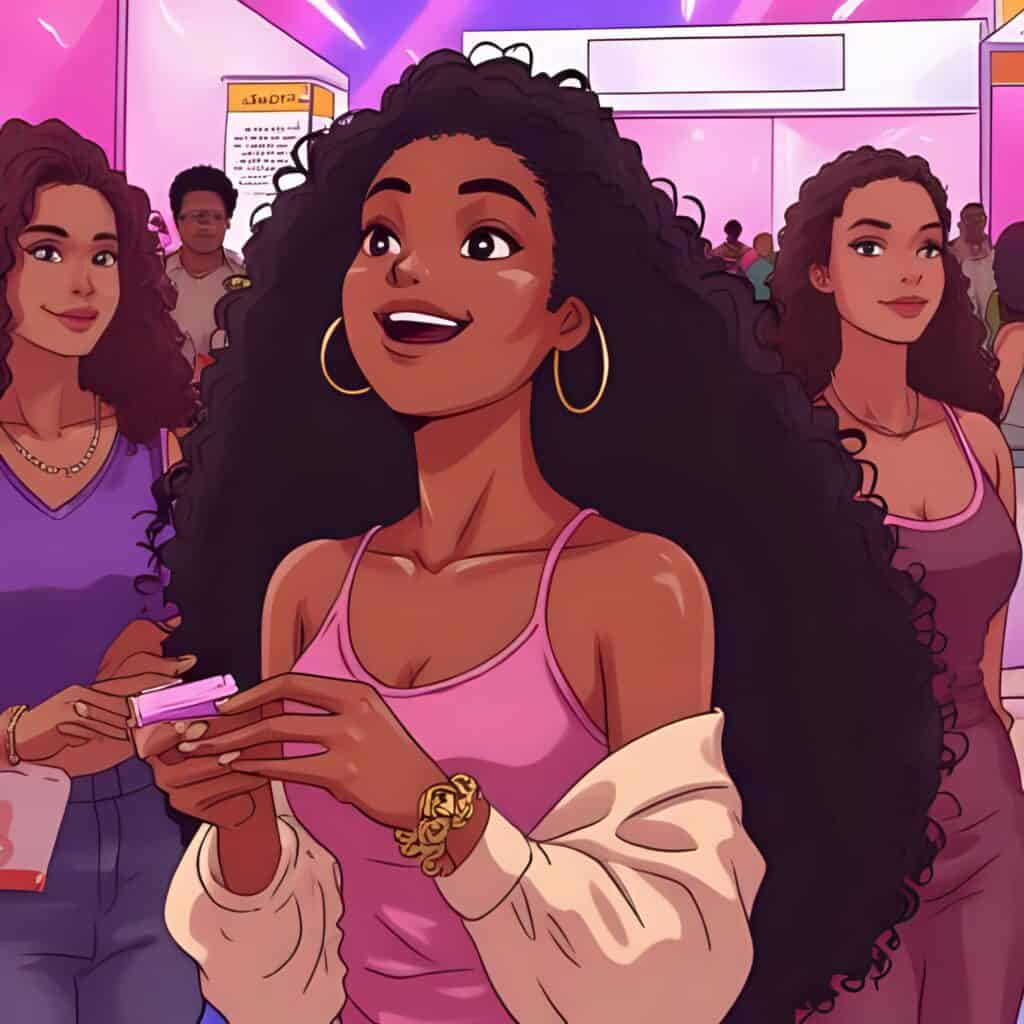 Excited brown-skinned women with long curly hair exploring a curly hair expo, smiling while holding product samples in a vibrant, interactive event space.