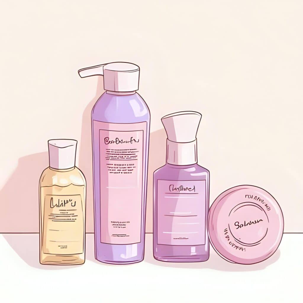 Flat lay of travel-size and sample-size curly hair products including shampoo, conditioner, and styling cream on a soft pastel background.
