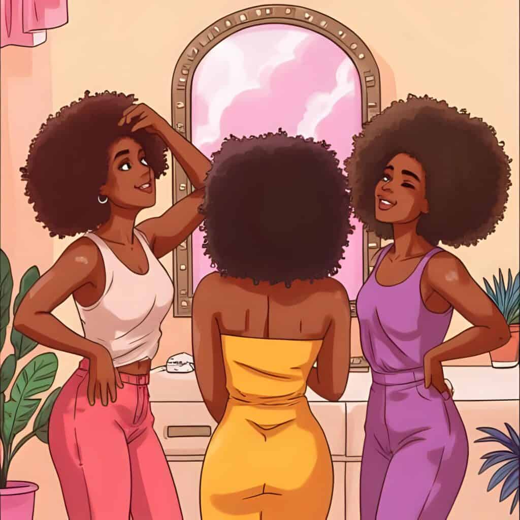 Three brown-skinned women with different curly hair types—2c, 3b, and 4a—standing in front of mirrors, showing curl diversity and texture pride.