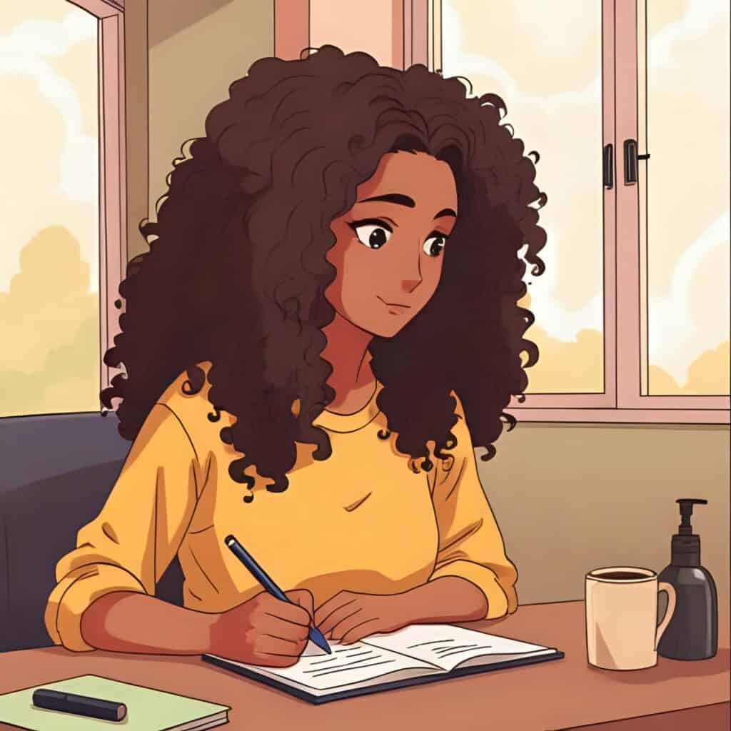 Brown-skinned woman with long curly hair writing curly hair tips in a notebook at her desk, with a coffee mug and hair products nearby in a softly lit, calm setting.
