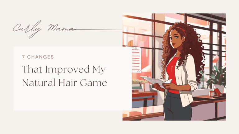 Illustration of a confident woman with natural hair standing in a stylish office, promoting an article titled 'Tips That Improved My Natural Hair Game