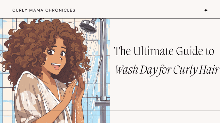 Illustration of a curly-haired woman enjoying wash day in the shower, featured in “The Ultimate Guide to Wash Day for Curly Hair