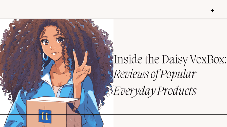 Illustration of a curly-haired woman holding a delivery box and making a peace sign, next to text reading 'Inside the Daisy VoxBox: Reviews of Popular Everyday Products