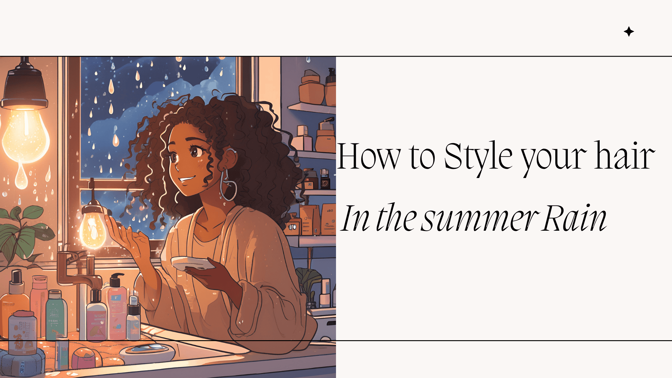 Illustration of a curly-haired woman styling her hair indoors during a summer rainstorm, surrounded by beauty products and warm lighting.