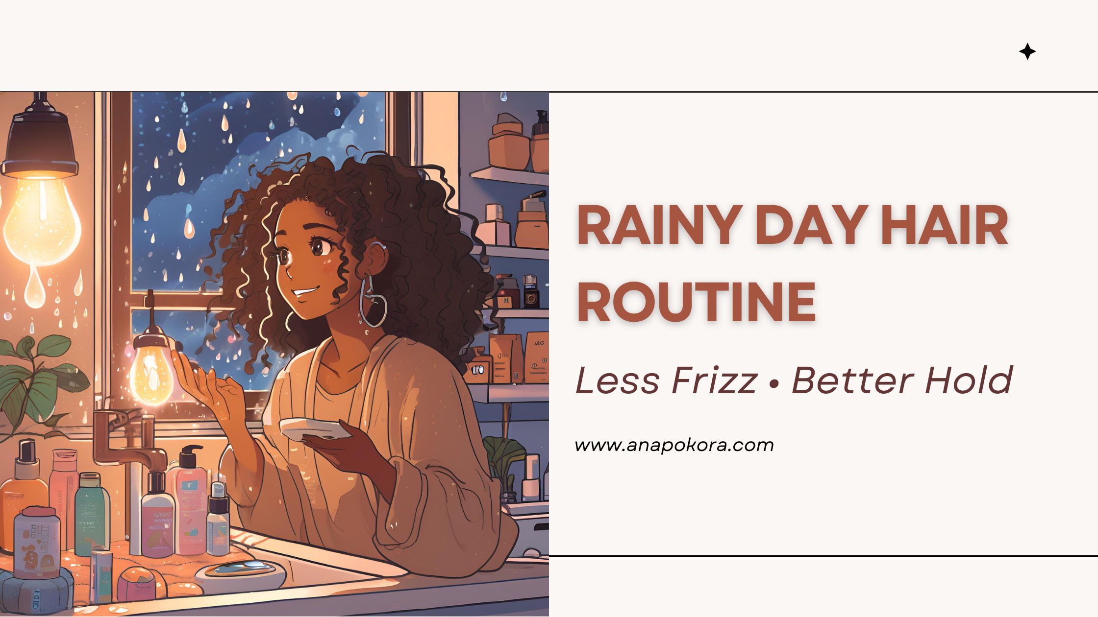 Illustration of a curly-haired woman styling her hair indoors during a summer rainstorm, surrounded by beauty products and warm lighting.