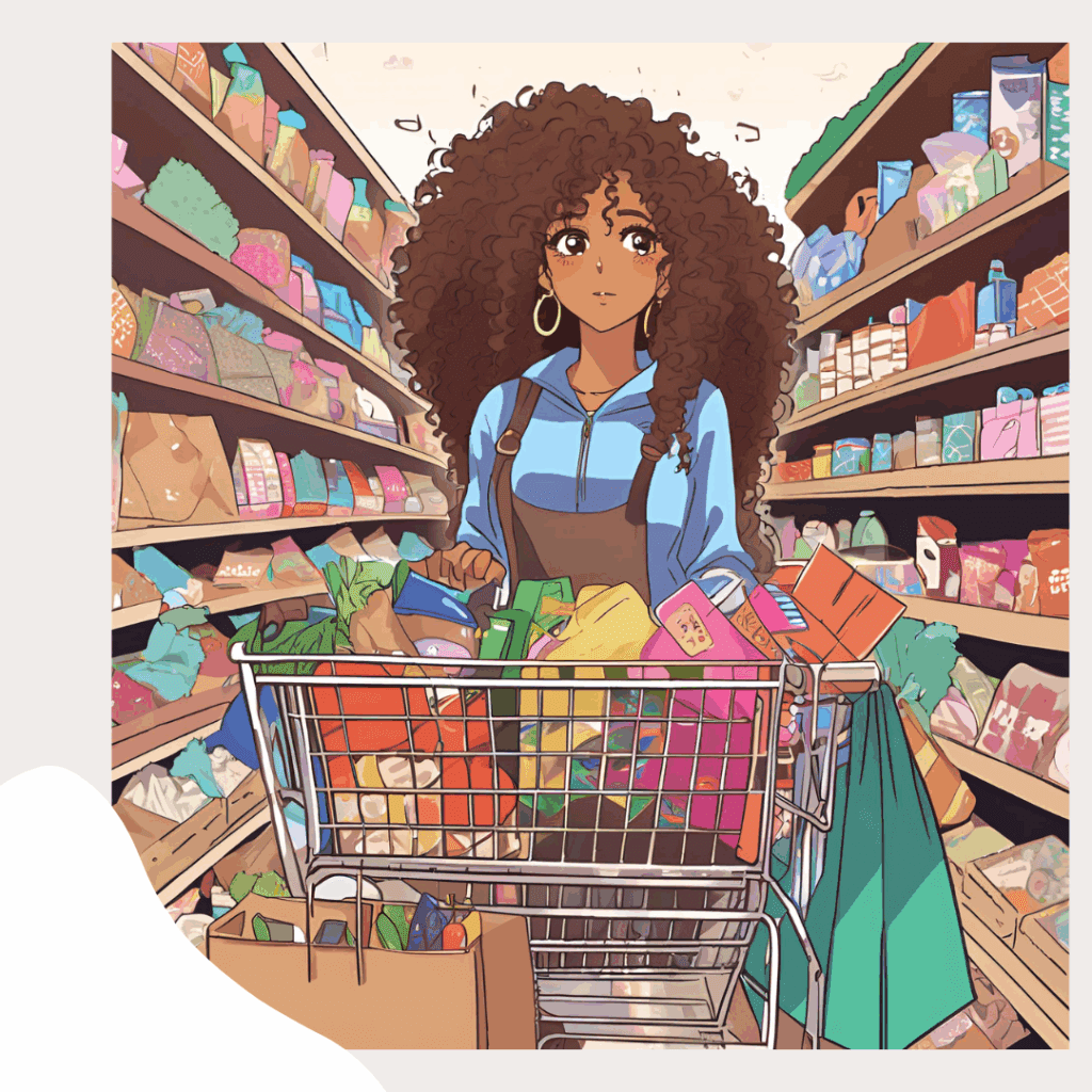 Illustration of a woman with curly hair wearing a blue hoodie and apron, pushing a grocery cart filled with colorful items down a store aisle.