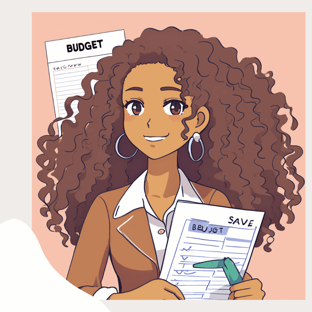 Illustration of a curly-haired woman in a brown blazer holding a clipboard labeled “Save,” standing in front of a budget chart with a confident smile.