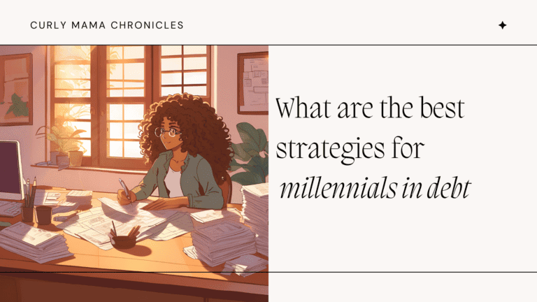 Illustration of a woman with curly hair sitting at a desk covered in papers, writing with focus in a sunlit room. Text beside her reads: “What are the best strategies for millennials in debt.”