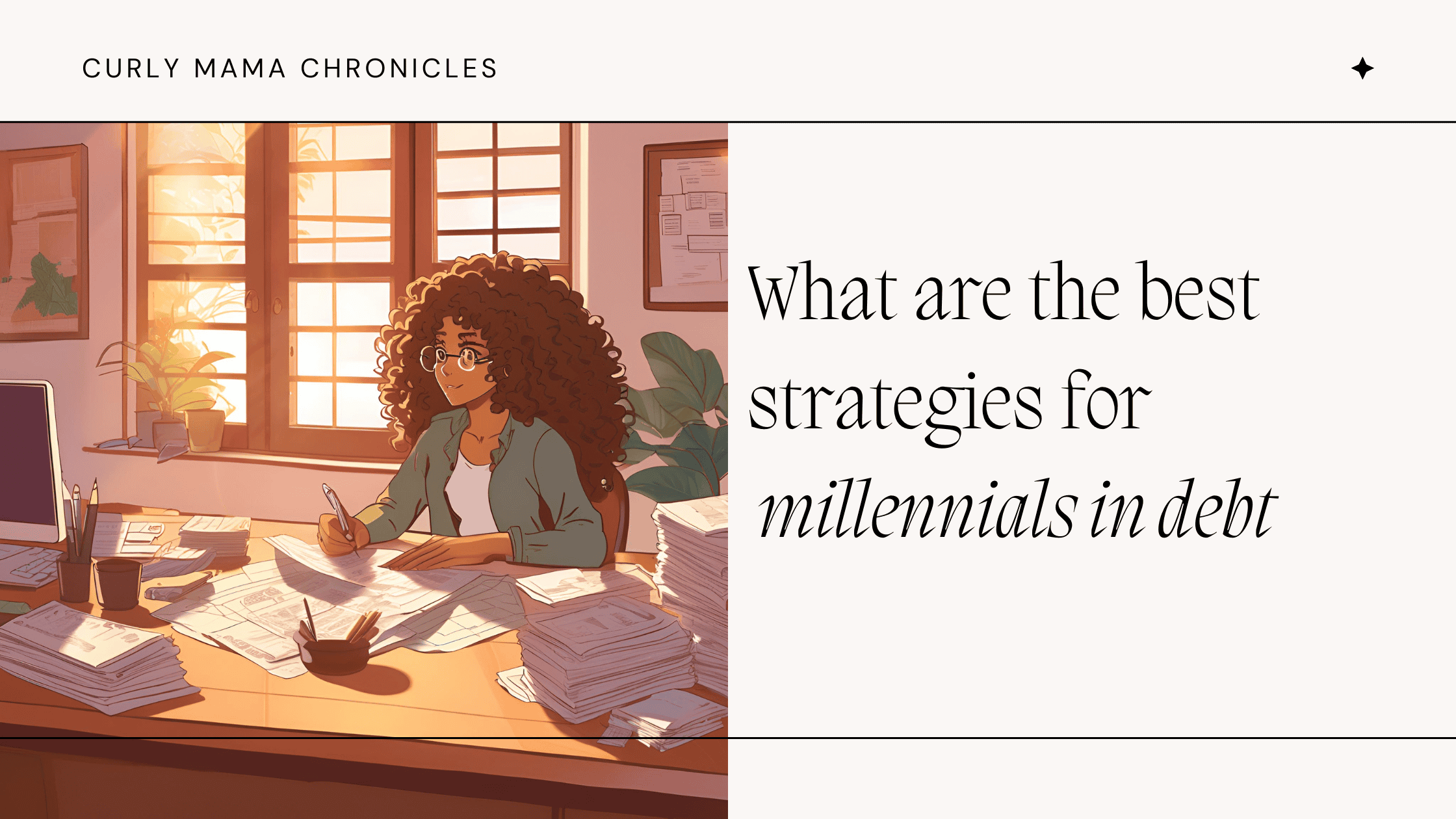 Illustration of a woman with curly hair sitting at a desk covered in papers, writing with focus in a sunlit room. Text beside her reads: “What are the best strategies for millennials in debt.”