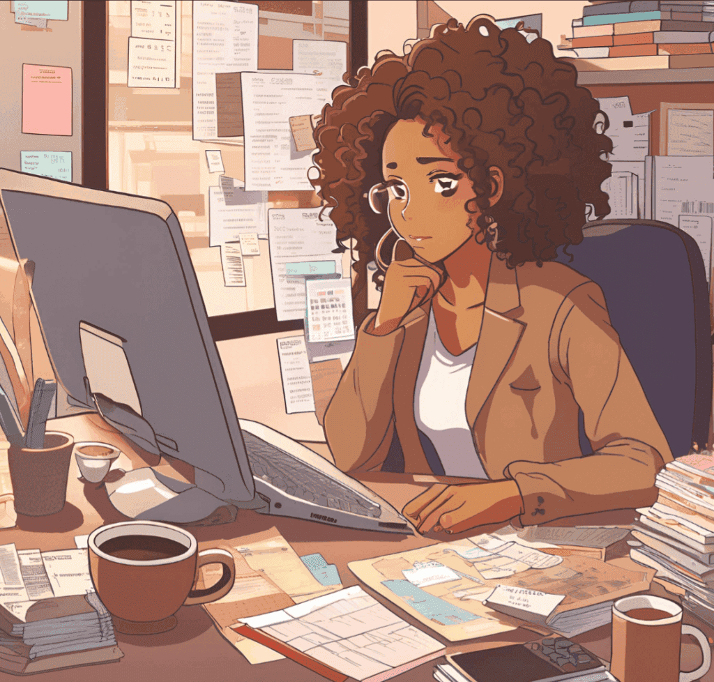 A focused woman with curly hair working at a cluttered desk, surrounded by paperwork, coffee cups, and sticky notes, looking at a computer screen with determination.