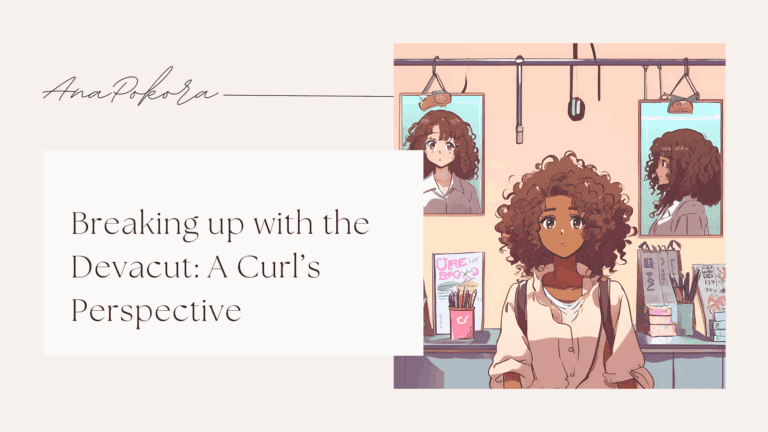 Illustrated blog banner titled “Breaking Up with the Devacut: A Curl’s Perspective” featuring a cartoon woman with curly hair sitting in a salon.