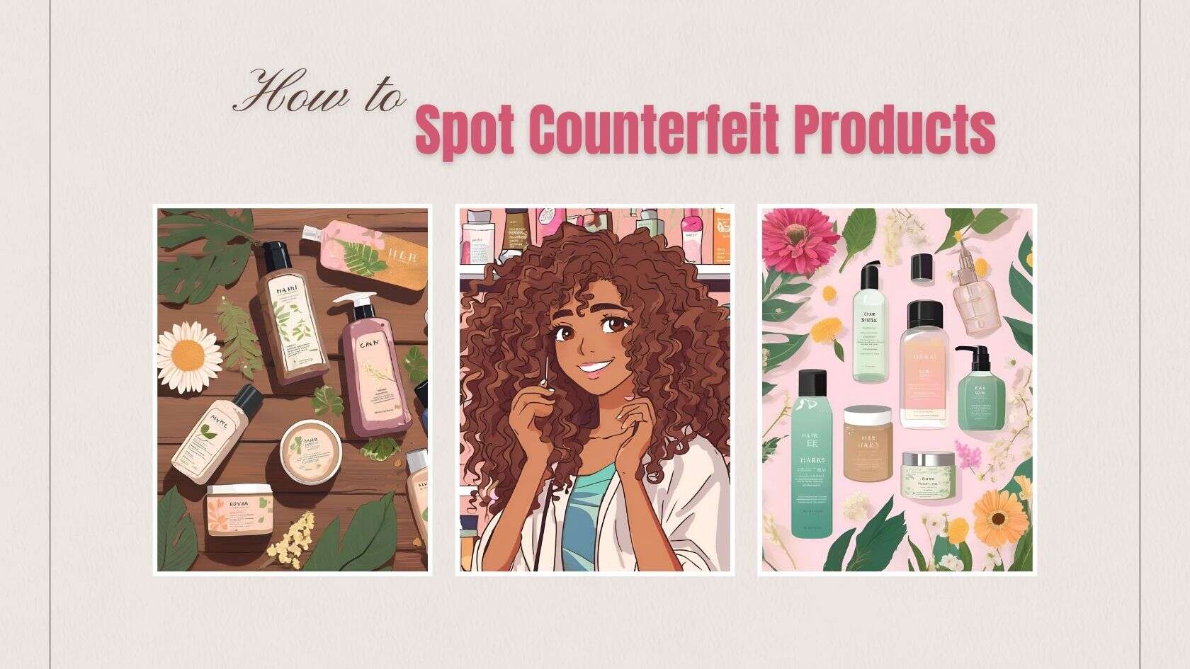 Illustration of a curly-haired woman inspecting hair products surrounded by various shampoo and conditioner bottles, with the text ‘How to Spot Counterfeit Products.