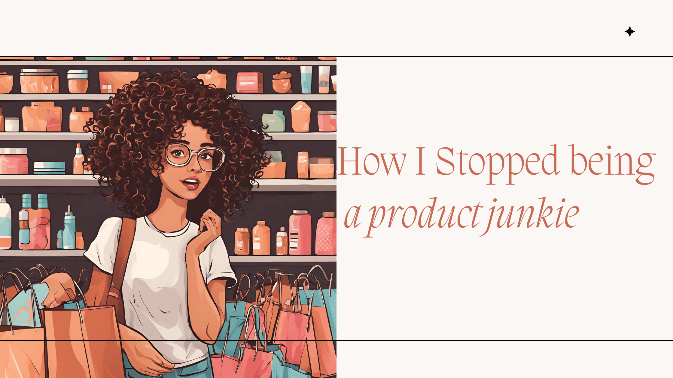 Banner image featuring a smiling woman with curly hair, styled in a beige-toned personal brand theme for a blog or website.