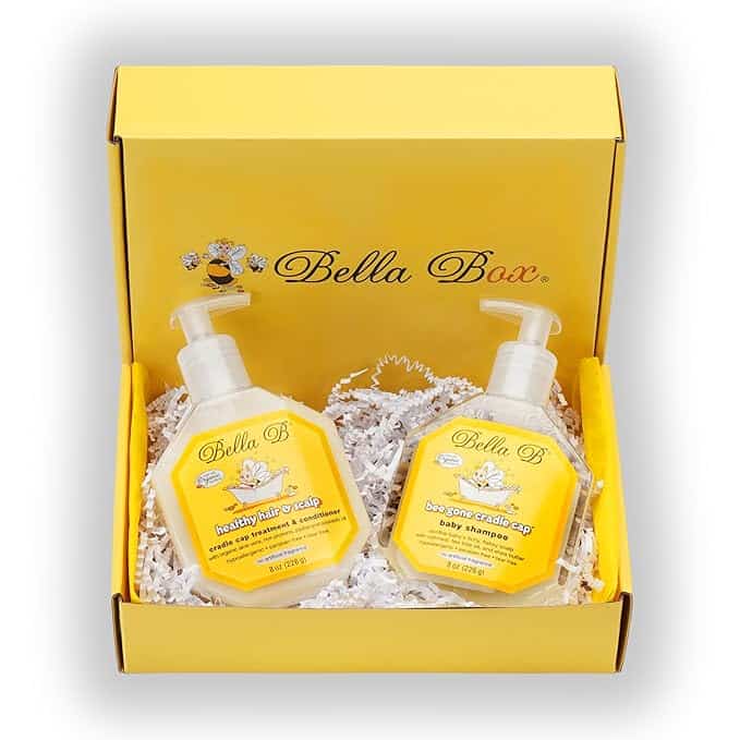 Bella B Cradle Cap Shampoo and Treatment set in a yellow gift box, used to gently loosen cradle cap flakes and clean a baby’s scalp.