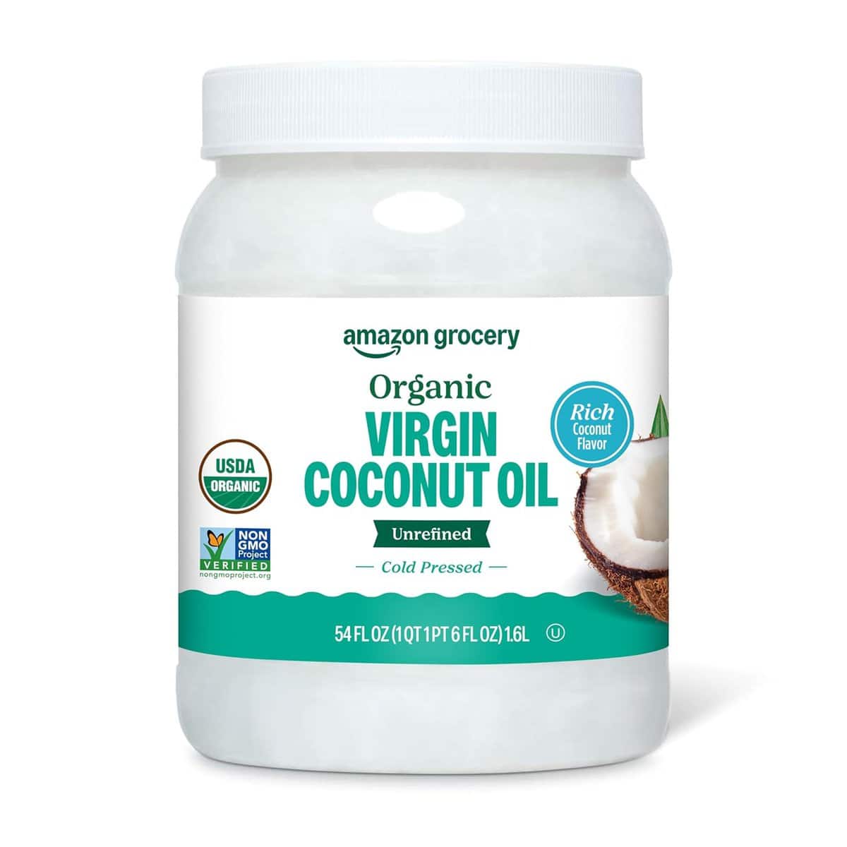 Jar of Amazon Grocery Organic Virgin Coconut Oil (unrefined, cold-pressed), used to soften cradle cap flakes and moisturize a baby’s scalp.