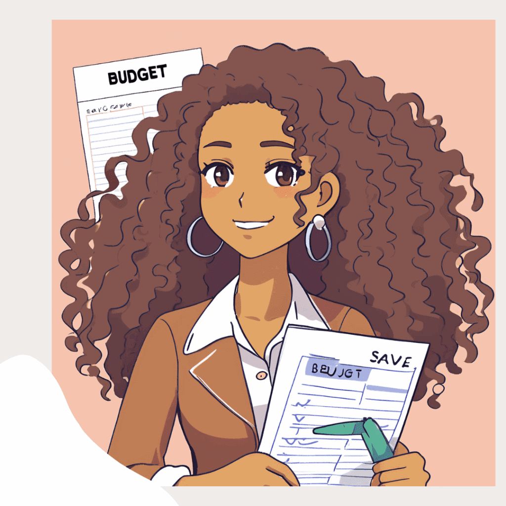 A young woman with long curly hair holding a budgeting spreadsheet