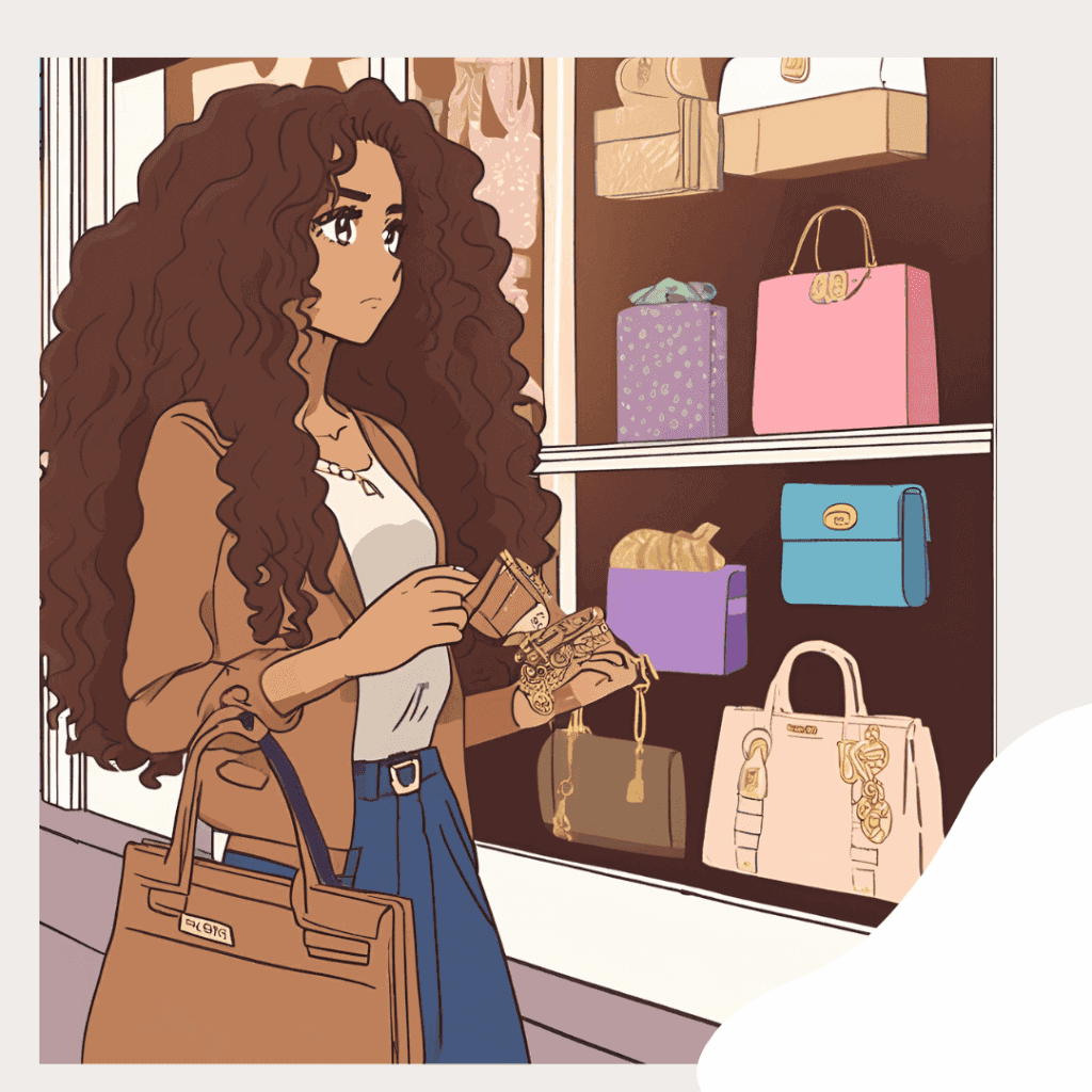 Woman with long curly hair holding a wallet and credit card, standing in front of a store window display filled with designer handbags, appearing thoughtful or hesitant about spending.