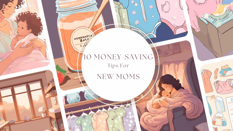 A collage of illustrations for a blog post titled '10 Money-Saving Tips for New Moms,' featuring a jar of homemade baby food, baby onesies, a nursery, and a mother cuddling her baby.