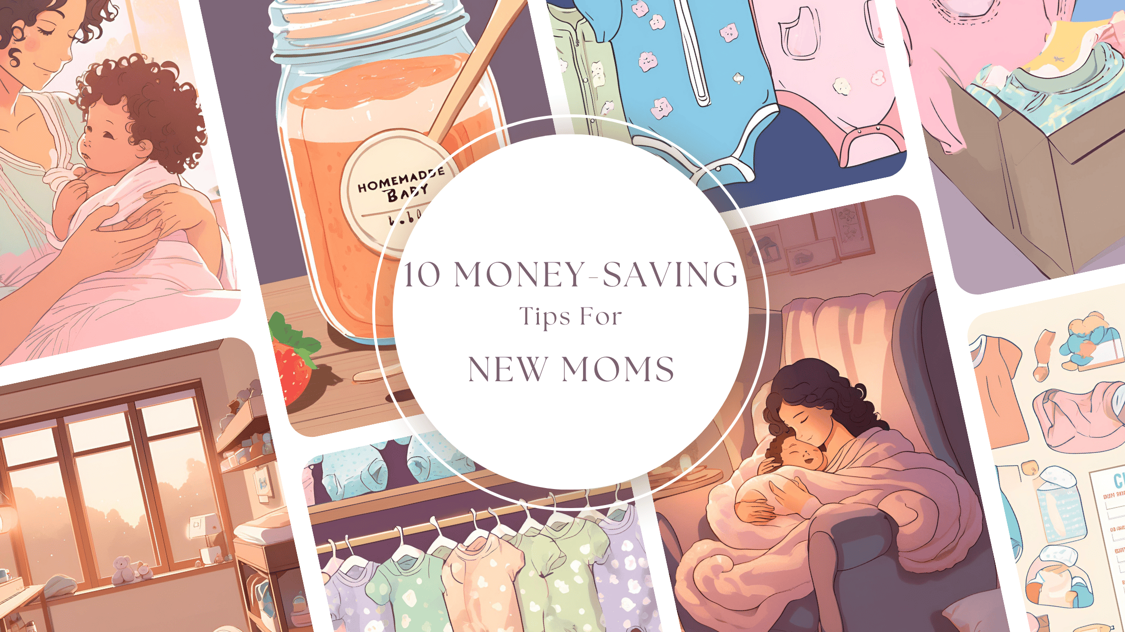 A collage of illustrations for a blog post titled '10 Money-Saving Tips for New Moms,' featuring a jar of homemade baby food, baby onesies, a nursery, and a mother cuddling her baby.