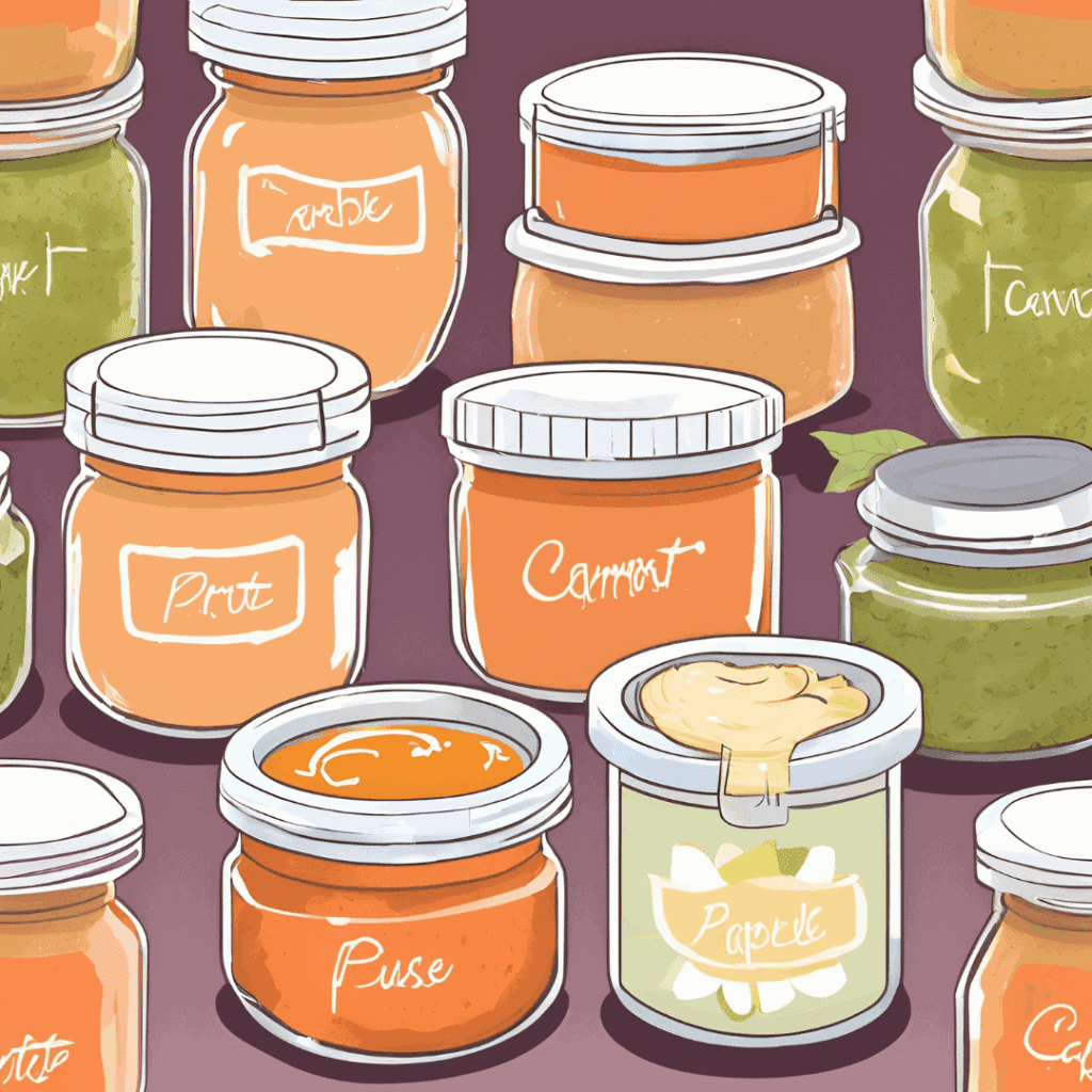 Assorted jars of colorful homemade baby food labeled with fruits and vegetables like carrot and pear.