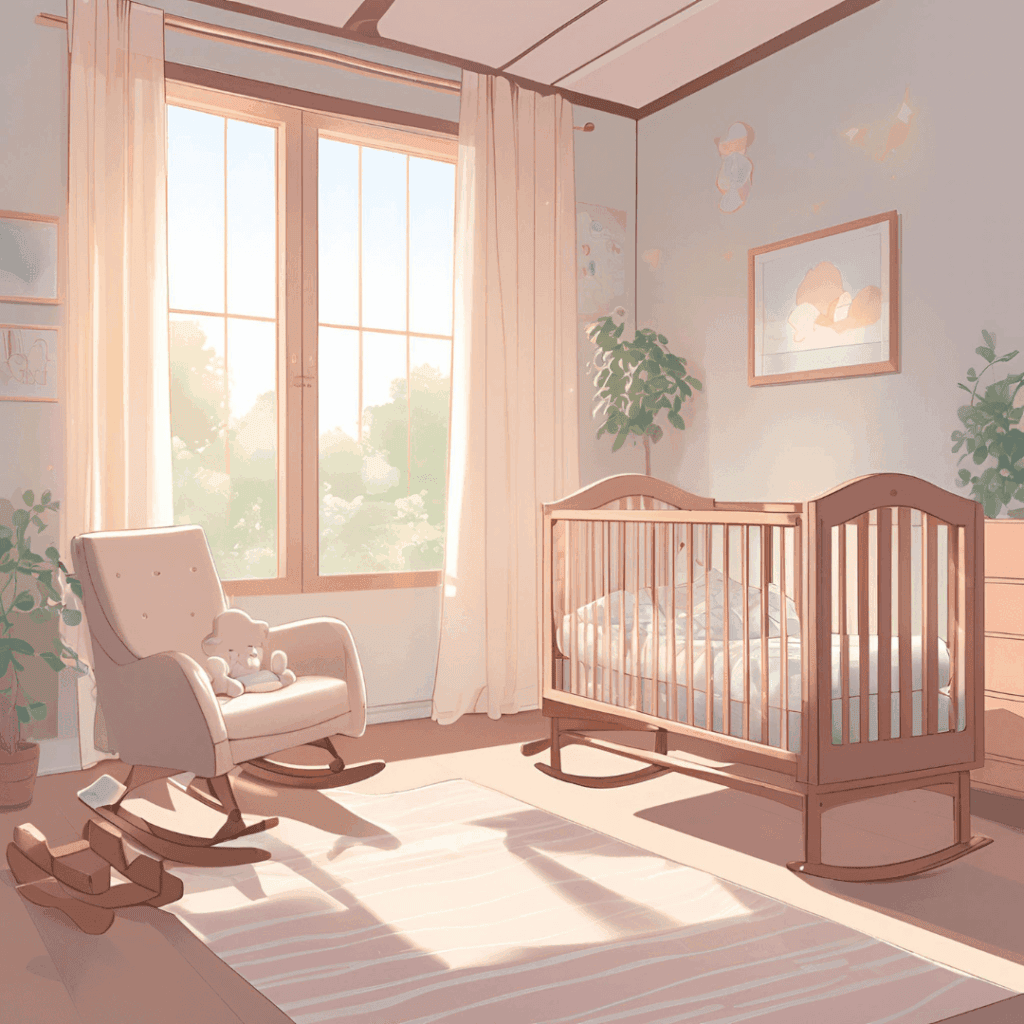 Bright and airy baby nursery featuring a crib, rocking chair, and natural lighting for a cozy setup.