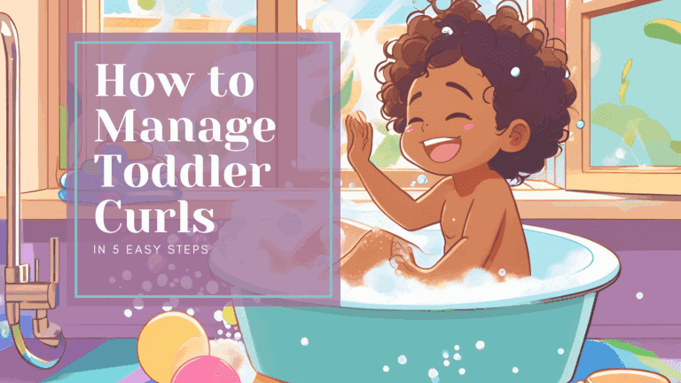 A cheerful toddler with curly hair sitting in a bubble-filled bathtub, enjoying bath time near a sunny window.