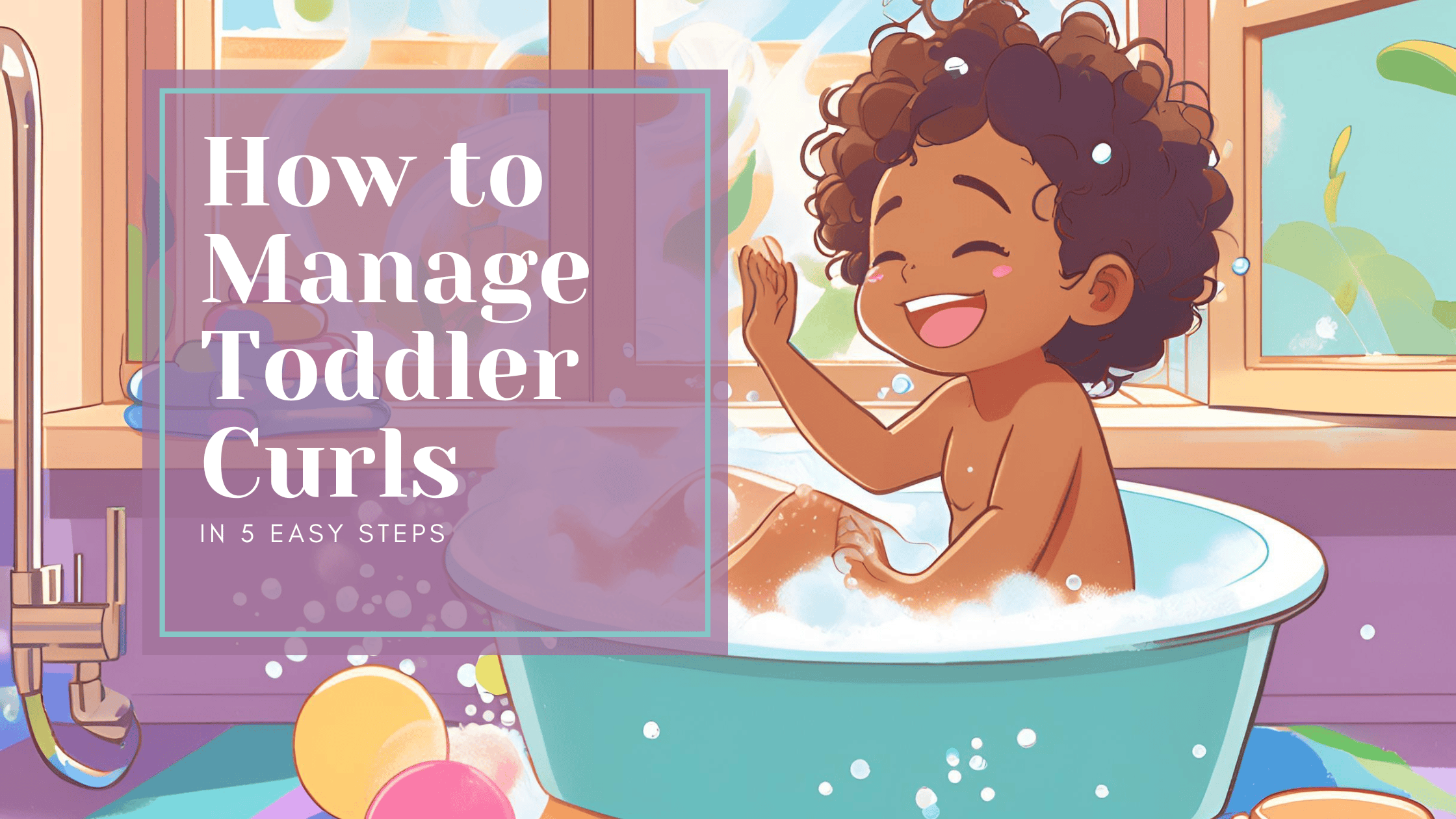 A cheerful toddler with curly hair sitting in a bubble-filled bathtub, enjoying bath time near a sunny window.