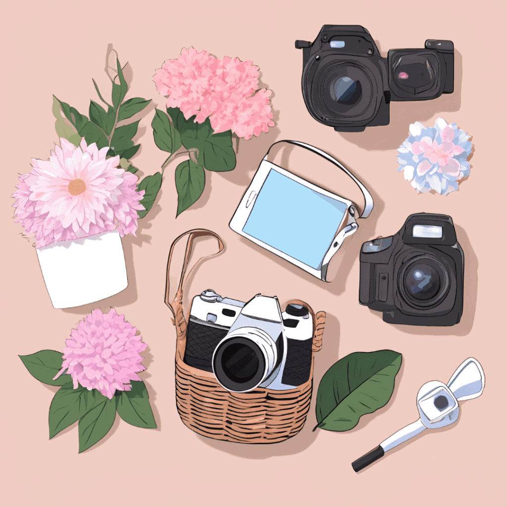 Flat lay of cameras, flowers, and a smartphone arranged for a DIY maternity or newborn photo shoot at home.
