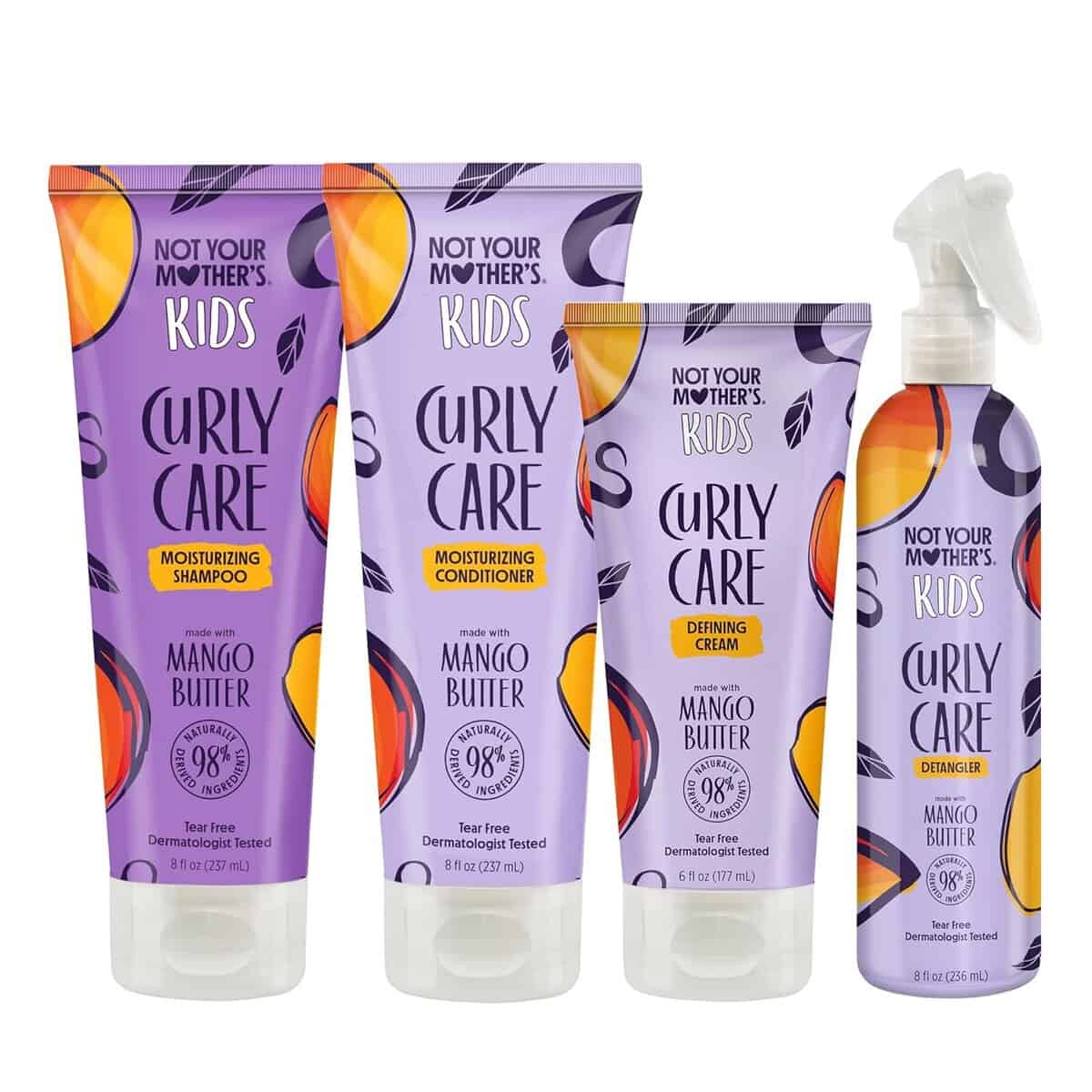 Not Your Mother’s Kids Curly Care haircare set including moisturizing shampoo, moisturizing conditioner, curl defining cream, and detangler spray in purple mango-butter themed packaging.