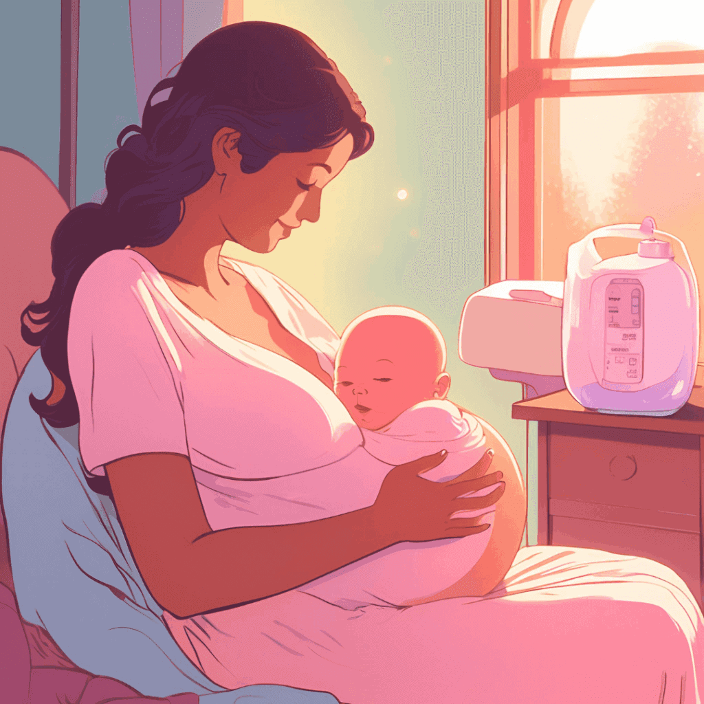 New mom cuddling her newborn next to a formula warmer, illustrating early motherhood moments.