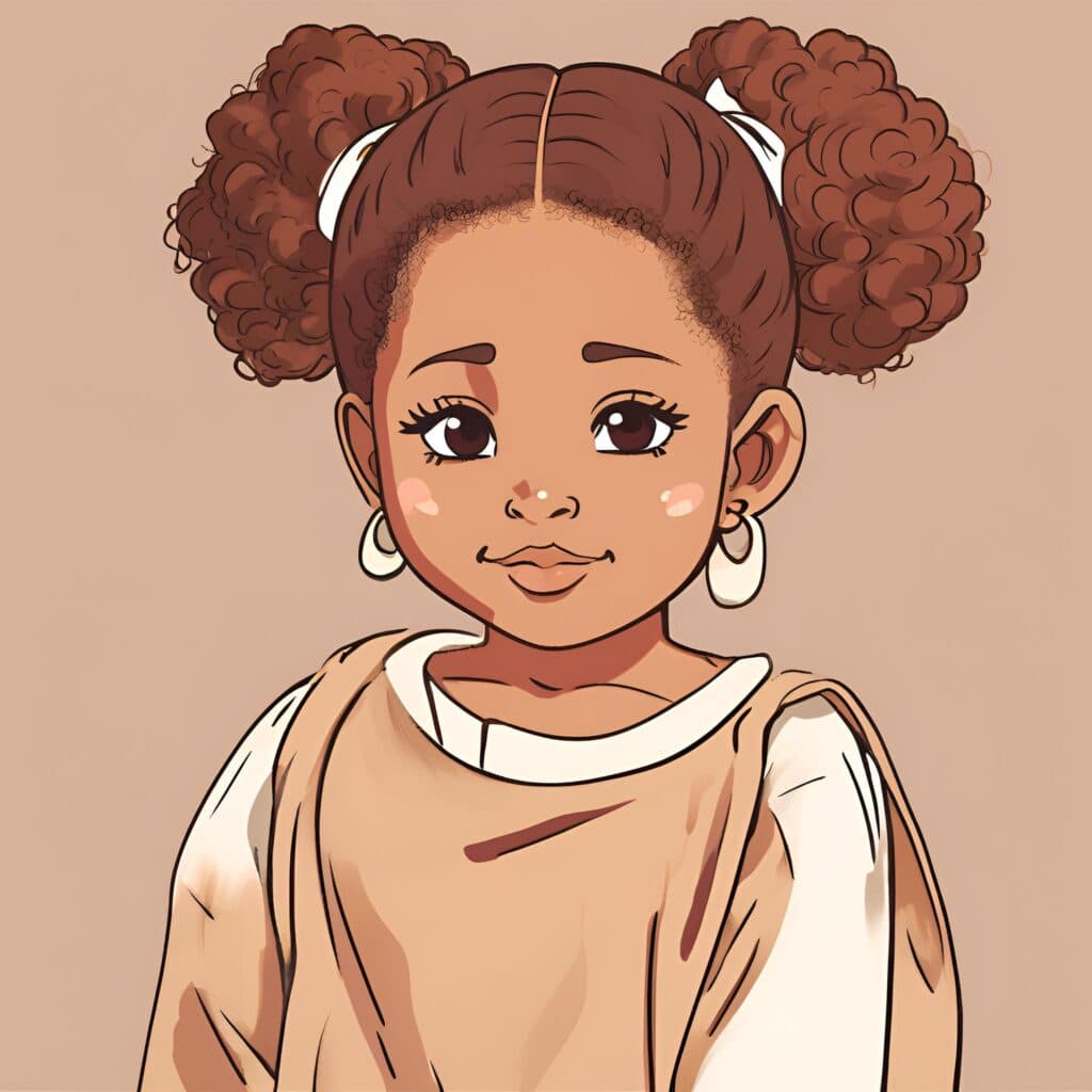 Illustration of brown-skinned toddler with a high curly bun hairstyle