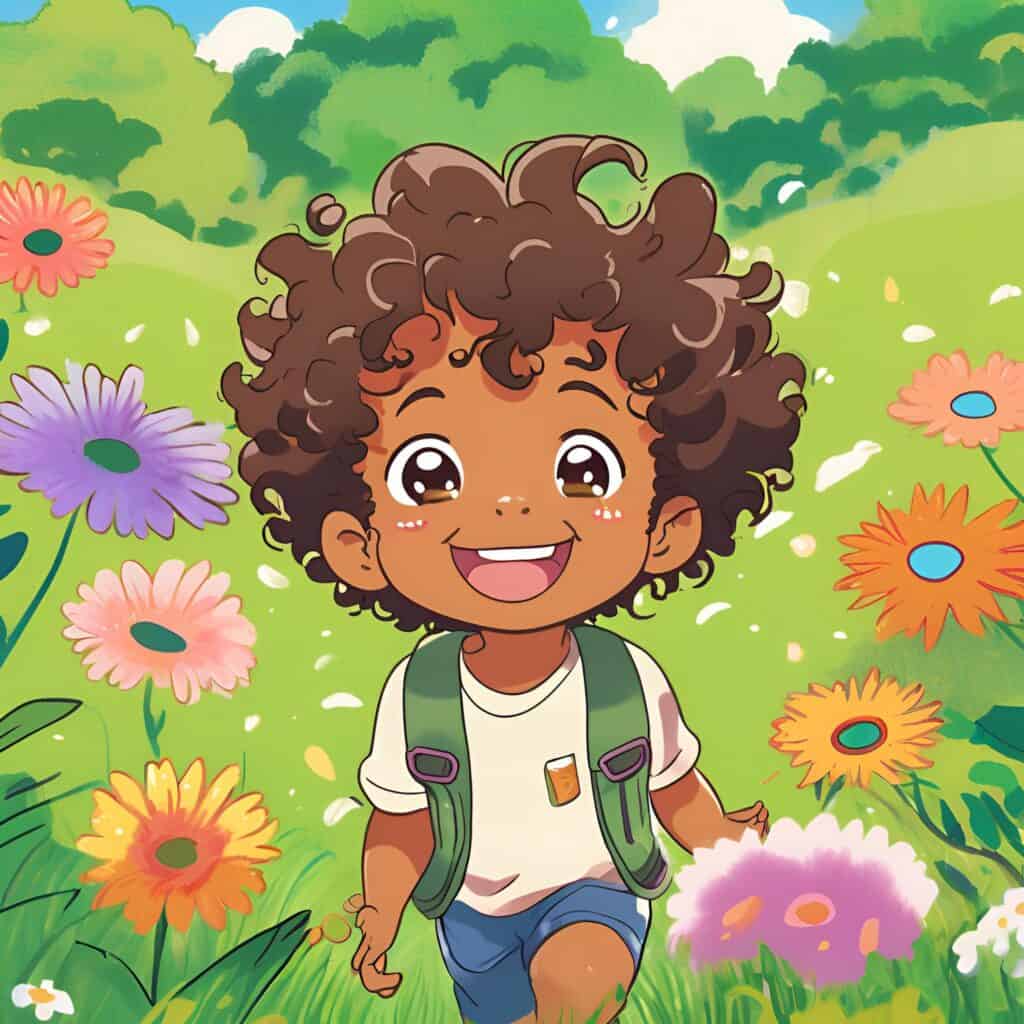 Illustration of brown-skinned toddler with loose curly hair in a floral background