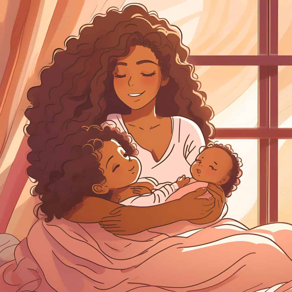 Post Pregnancy. A young mother with long, voluminous curly hair sitting by a window, cradling her baby and toddler in her arms. The scene is warm and serene, with soft natural light.