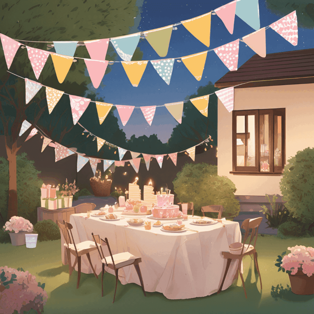 Budget-friendly outdoor baby shower or birthday setup with pastel bunting, lights, and a decorated table.
