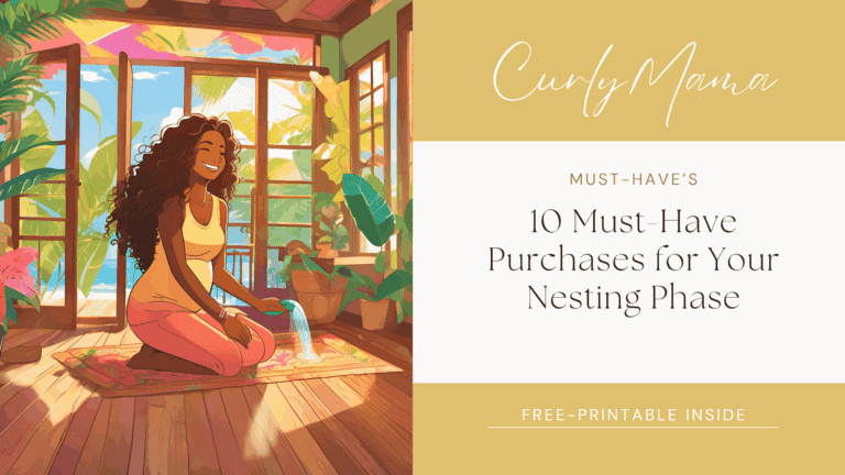 Illustration of a smiling pregnant woman with curly hair sitting cross-legged on a rug in a bright, plant-filled room, next to the blog title '10 Must-Have Purchases for Your Nesting Phase' from Curly Mama.