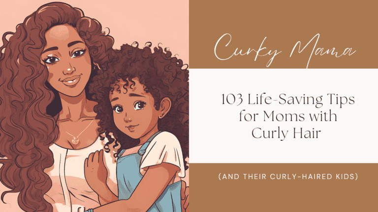 Illustration of a smiling mom with long curly hair holding her curly-haired daughter, both looking content. The image is split with text on the right reading: 'Curly Mama – 103 Life-Saving Tips for Moms with Curly Hair (and Their Curly-Haired Kids)' in a stylish, modern font on a warm neutral background.