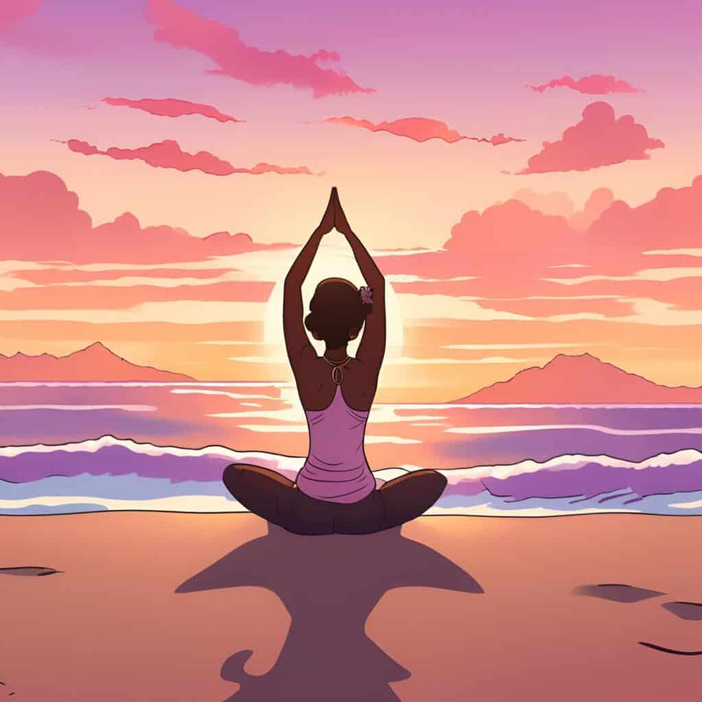 Illustration of a mom practicing yoga on the beach during sunset, symbolizing mindfulness and gentle postpartum self-care after childbirth.