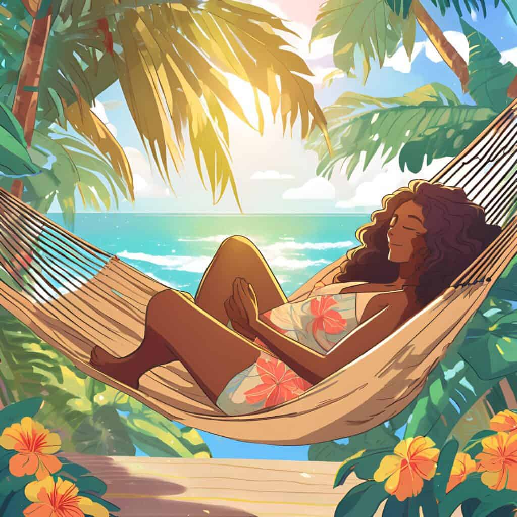Illustration of a brown-skinned mom with curly hair peacefully napping in a hammock surrounded by palm trees and ocean views, representing tropical postpartum self-care.