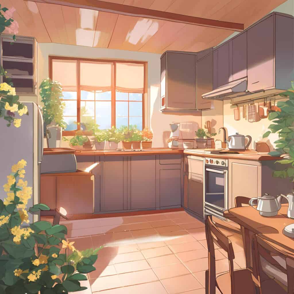 A clean kitchen with sunlight coming in through the window surrounded by plants