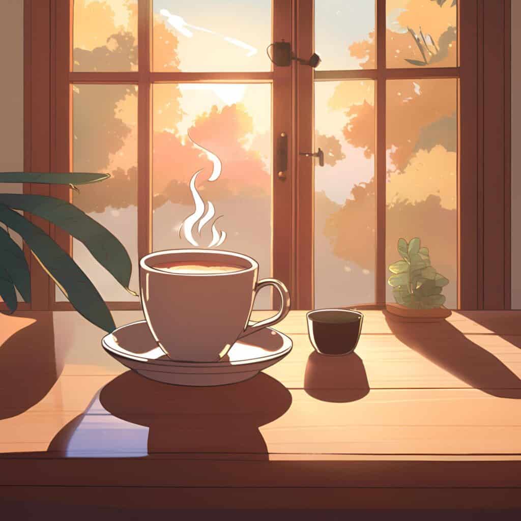 Illustration of a peaceful morning with a woman enjoying tea or coffee by the window – self-care and mindfulness