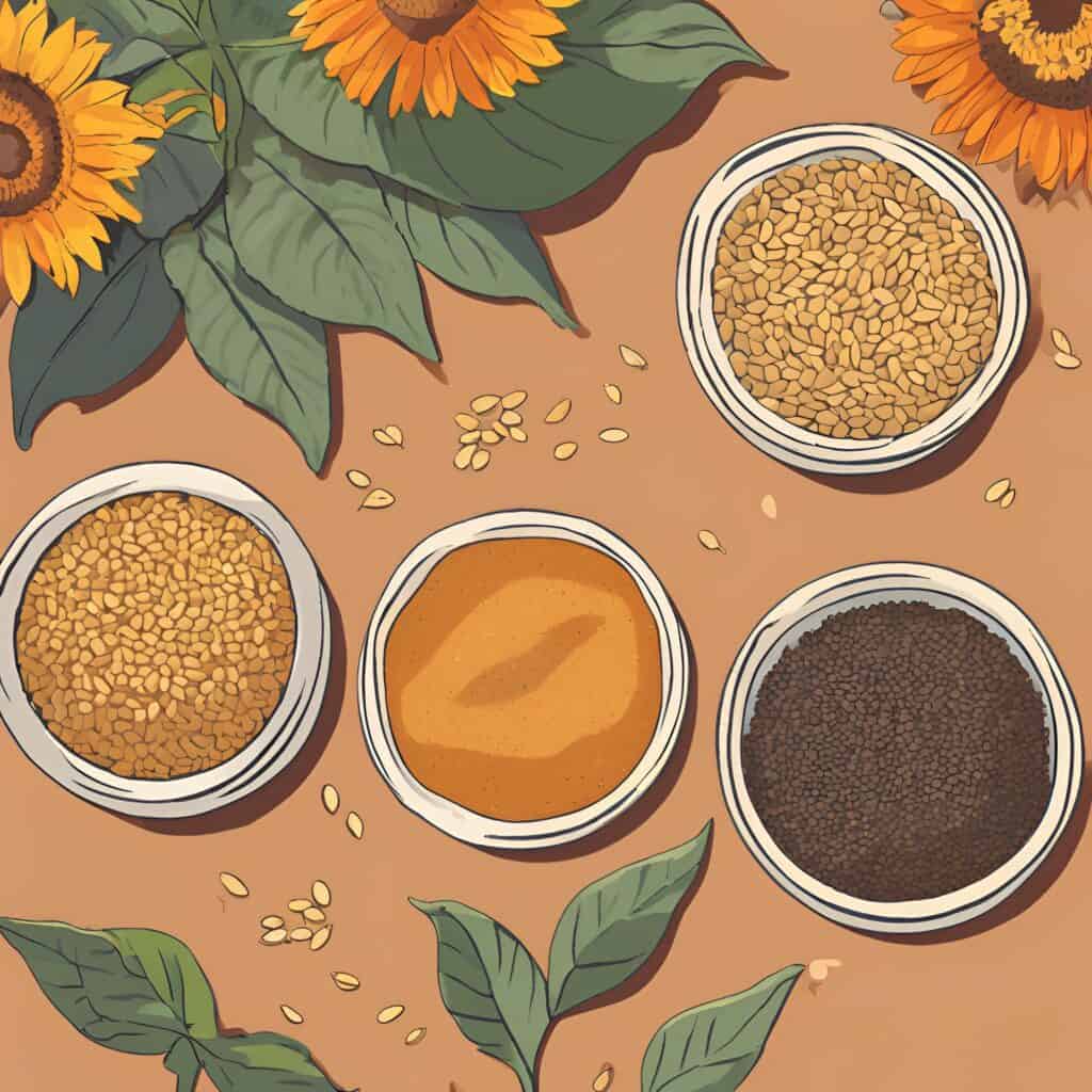 a flat lay with four different bowl containing sunflower, pumpkin, sesame and flax seeds
