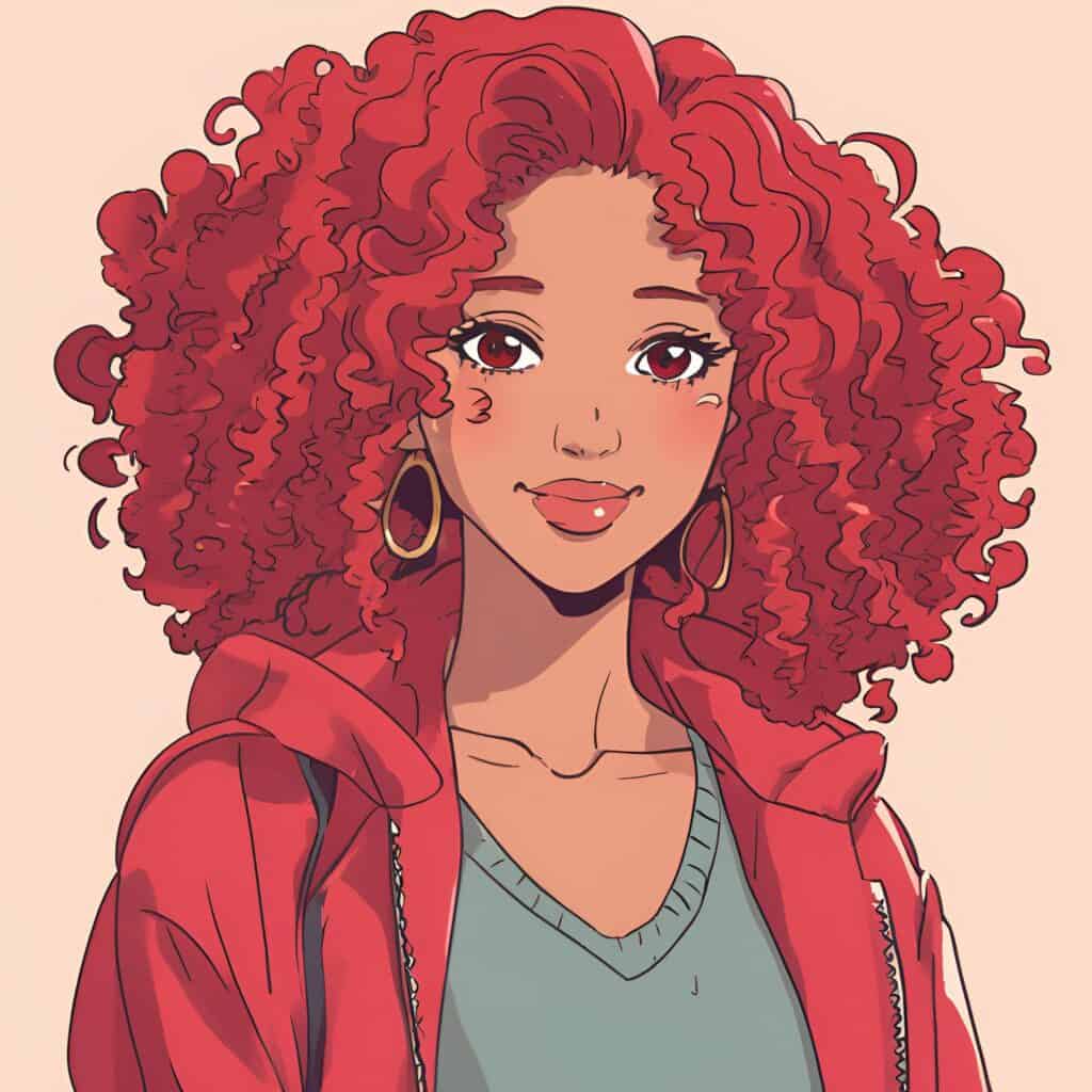 Illustration of a stylish woman with medium skin tone and bold, red bouncy curls, wearing hoop earrings, a teal top, and a red jacket, looking confidently forward.